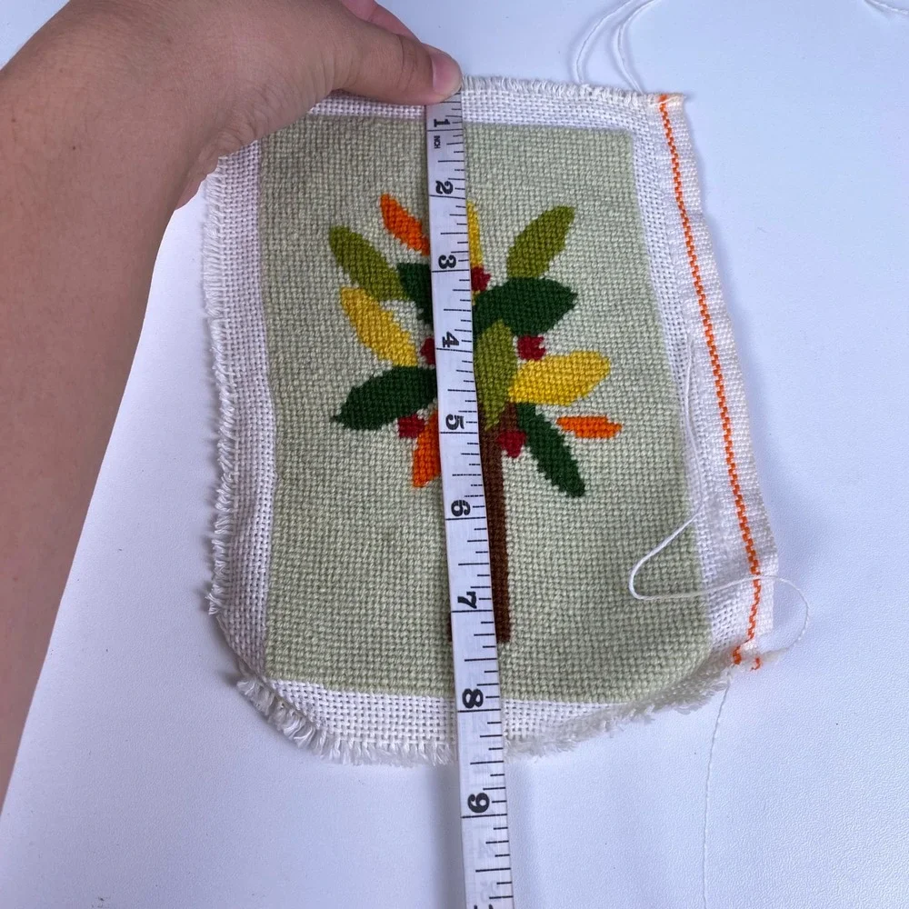 Vintage Handmade Needlepoint Fruit Tree Textile Art Sage Green 6.5x8.5 Folk Art